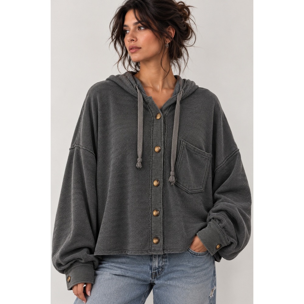 American Eagle Oversized Hooded Shacket XXL Gray Herringbone Button Shirt Jacket